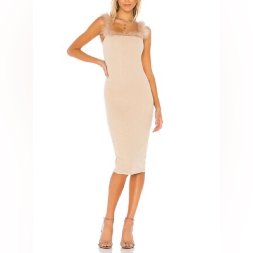 Lovers + Friends knit bodycon midi dress nude shimmer with turkey feather fur S